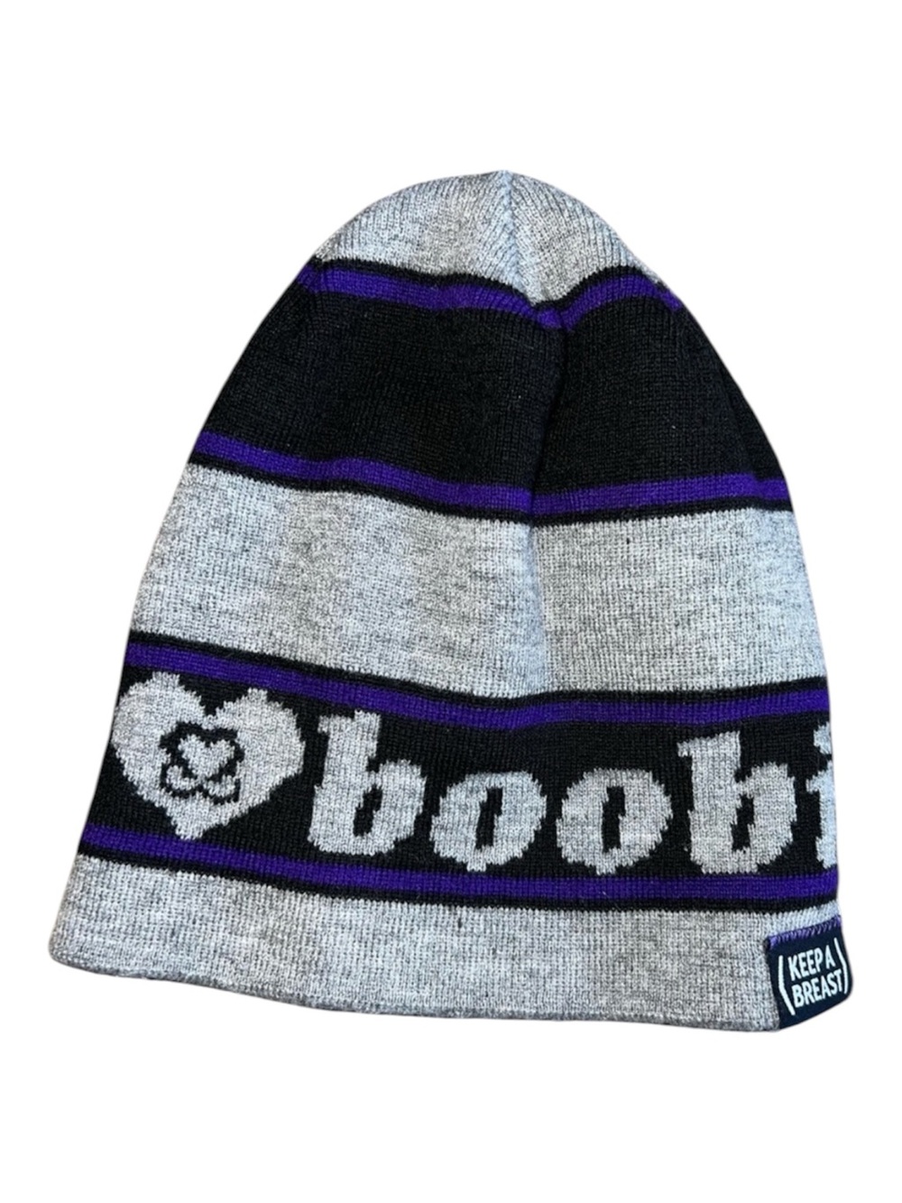 Keep A Breast I Love Boobies Jacquard Beanie Grey Black Purple Awareness Toque